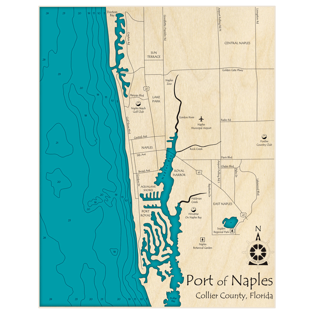 Bathymetric topo map of Port of Naples with roads, towns and depths noted in blue water