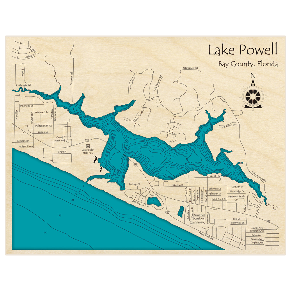 Bathymetric topo map of Lake Powell with roads, towns and depths noted in blue water