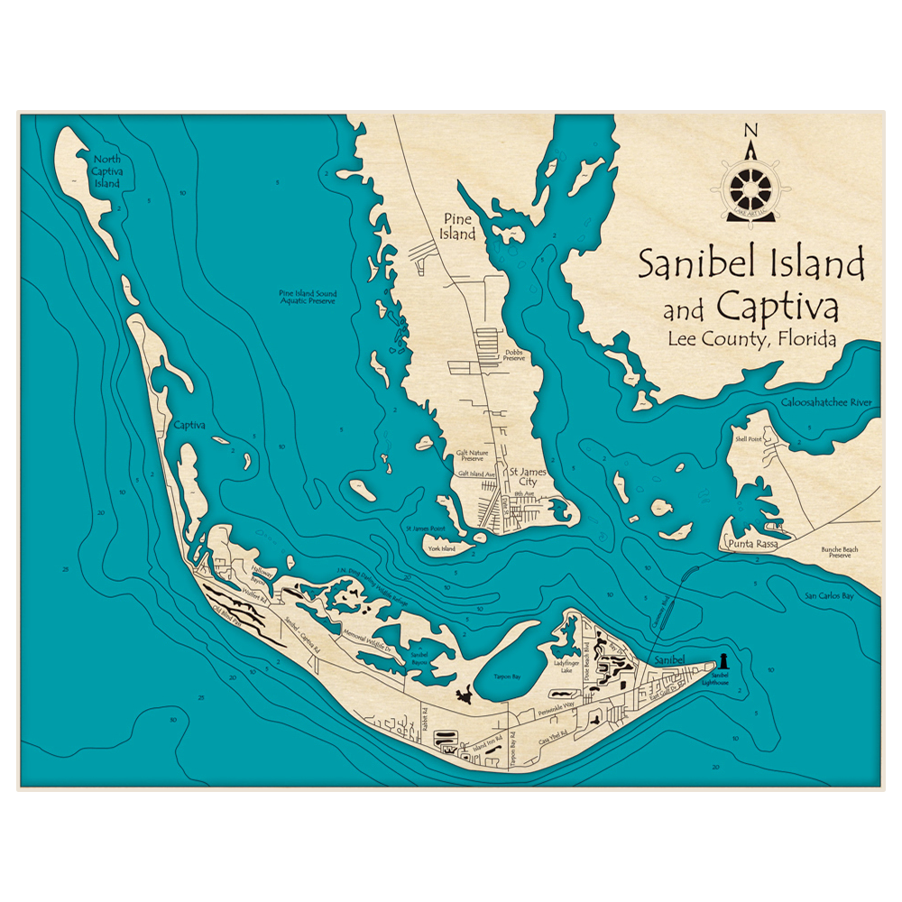 Bathymetric topo map of Sanibel Island and Captiva Island with roads, towns and depths noted in blue water