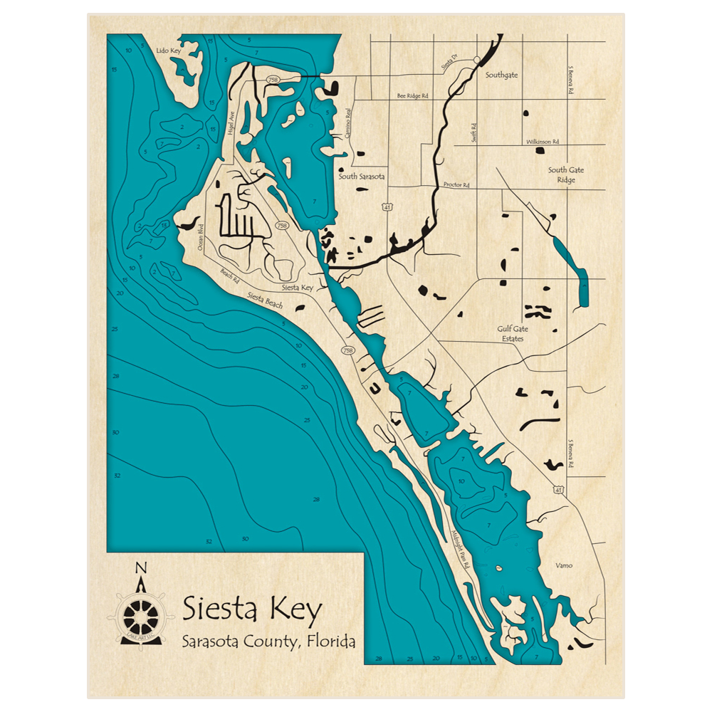 Bathymetric topo map of Siesta Key with roads, towns and depths noted in blue water