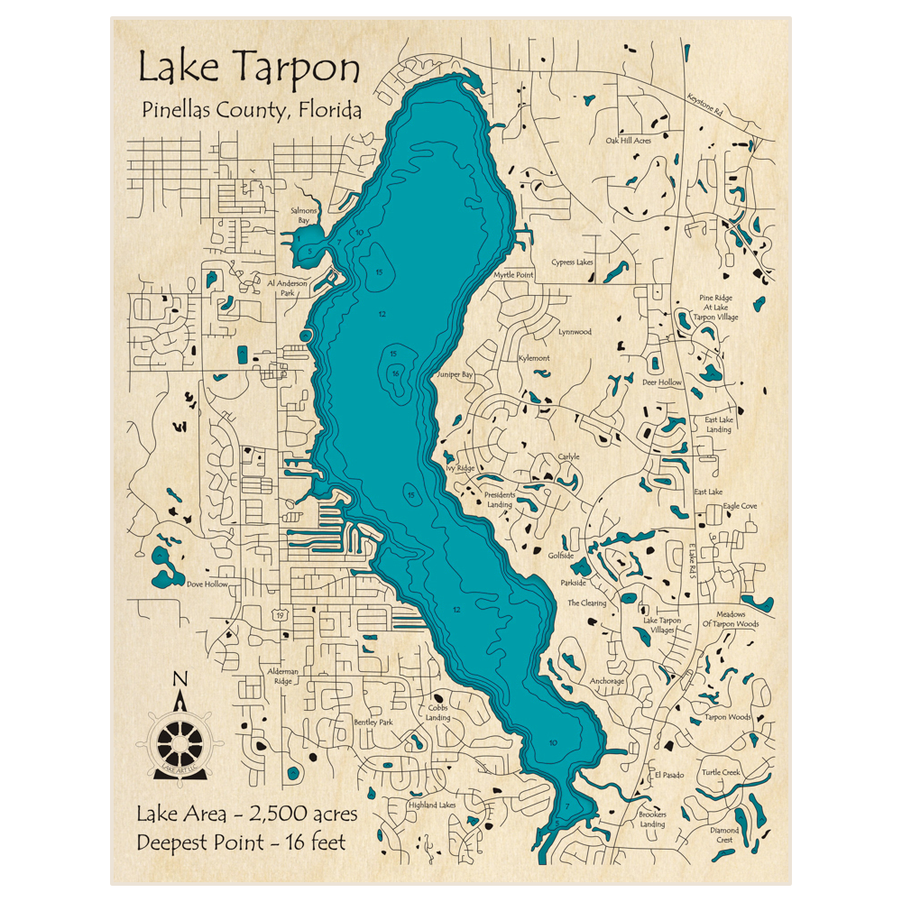 Bathymetric topo map of Lake Tarpon with roads, towns and depths noted in blue water