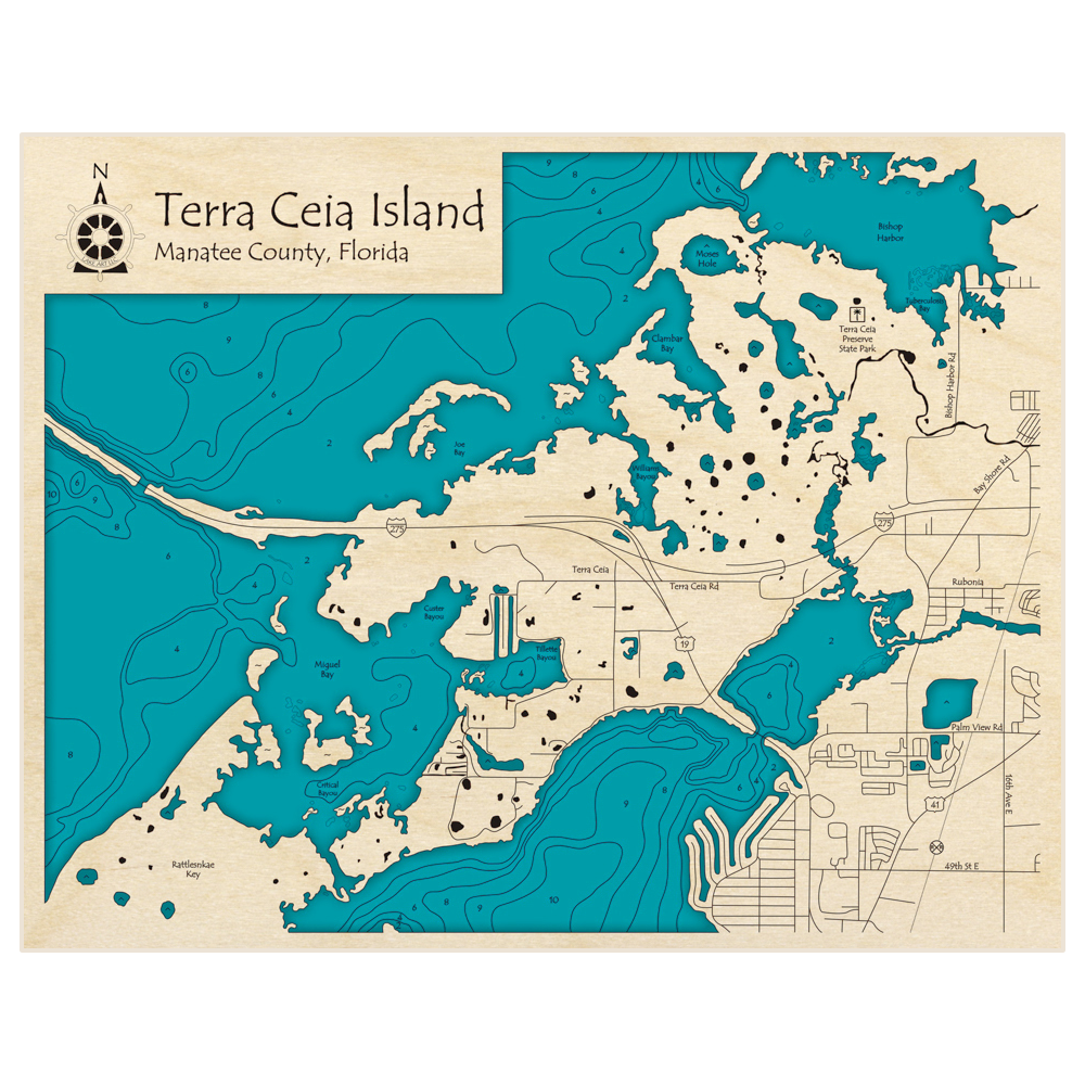 Bathymetric topo map of Terra Ceia Island with roads, towns and depths noted in blue water