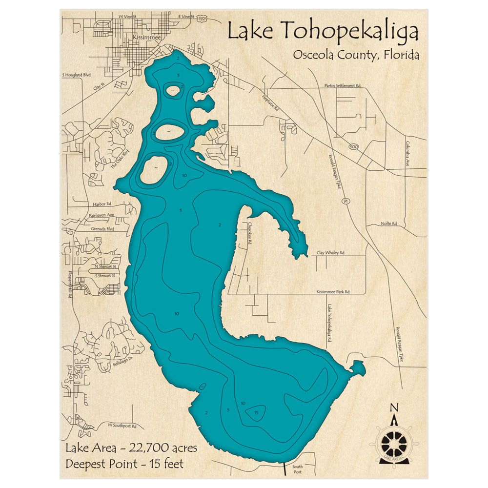 Bathymetric topo map of Lake Tohopekaliga with roads, towns and depths noted in blue water