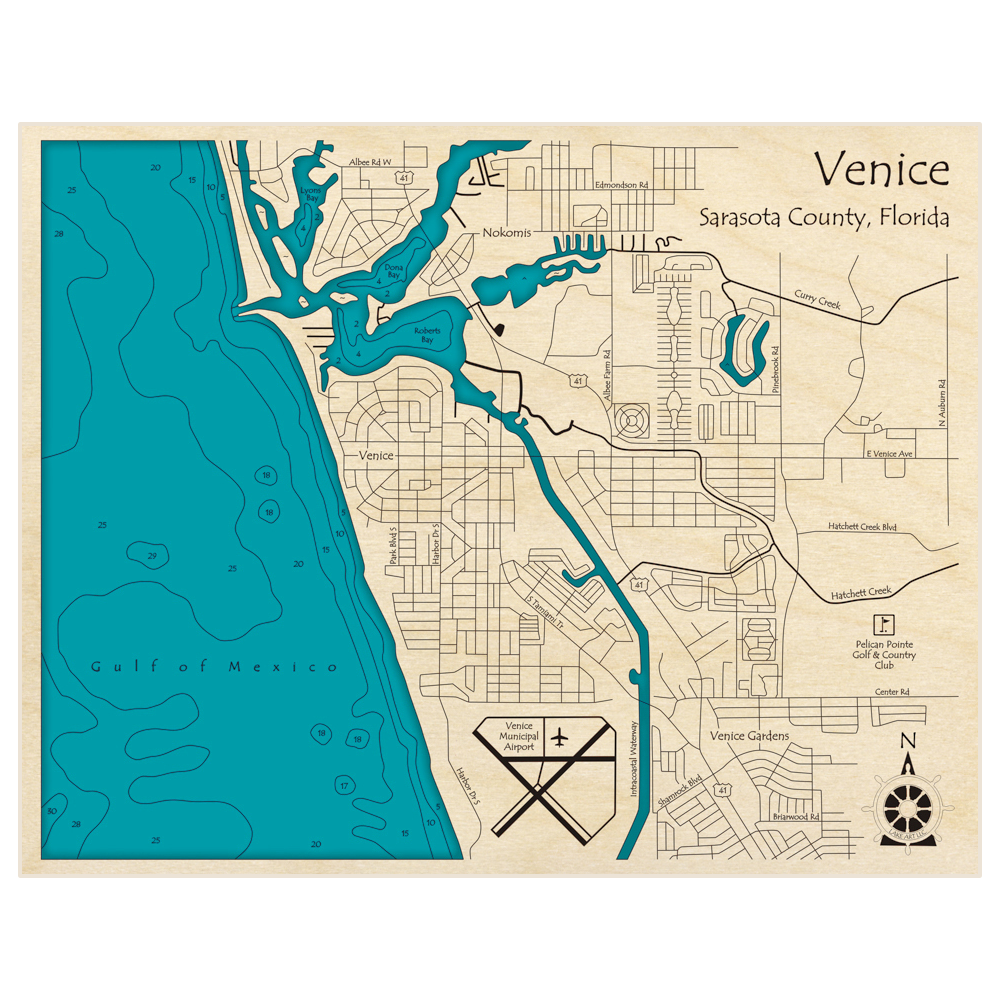 Bathymetric topo map of Venice with roads, towns and depths noted in blue water