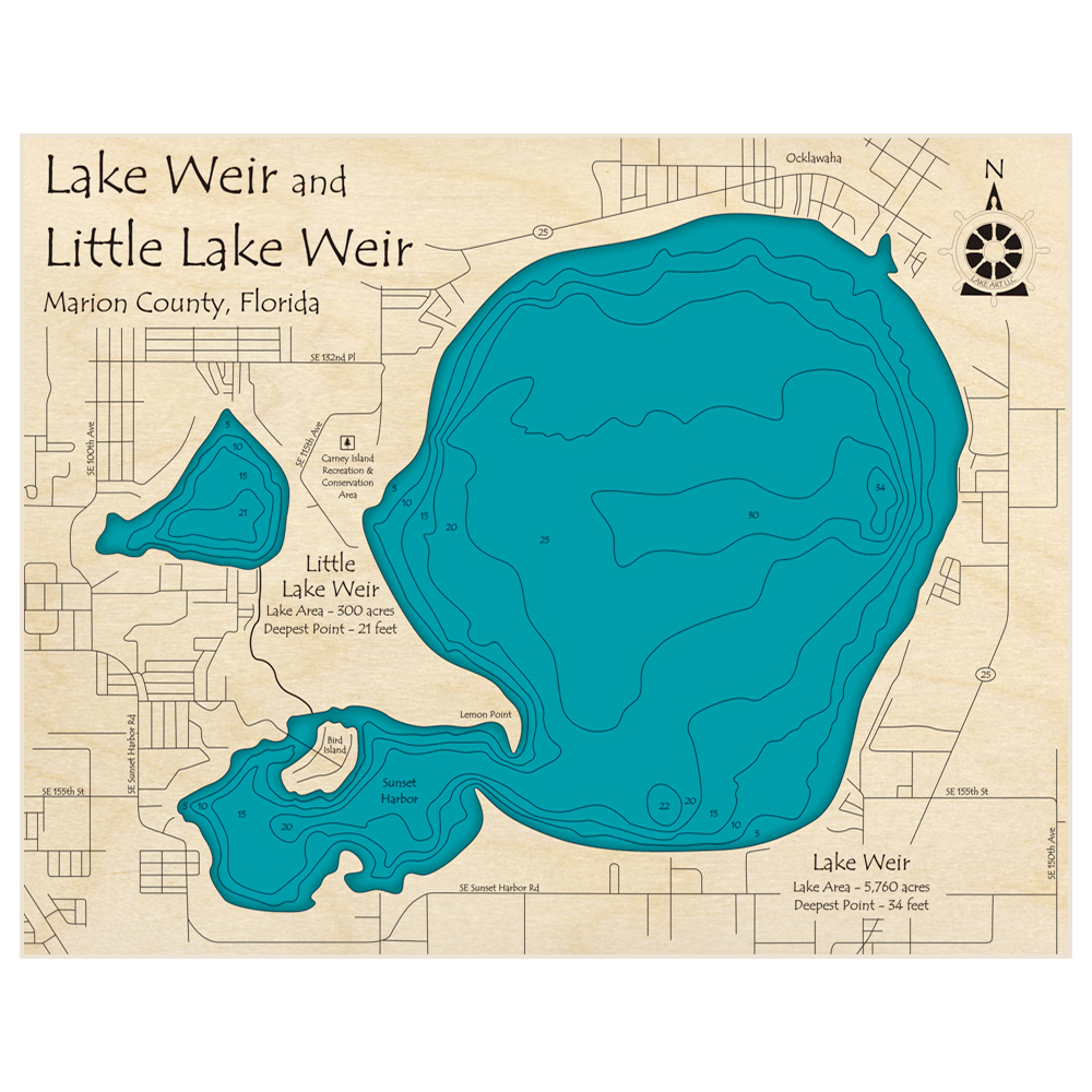 Bathymetric topo map of Lake Weir (With Little Lake Weir) with roads, towns and depths noted in blue water