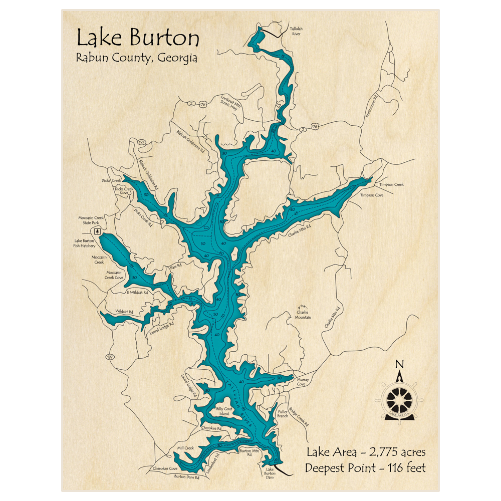 Bathymetric topo map of Lake Burton with roads, towns and depths noted in blue water