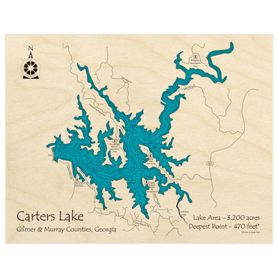 Bathymetric topo map of Carters Lake with roads, towns and depths noted in blue water