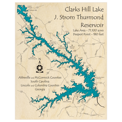 Bathymetric topo map of Clarks Hill Lake - J Strom Thurmond Reservoir with roads, towns and depths noted in blue water