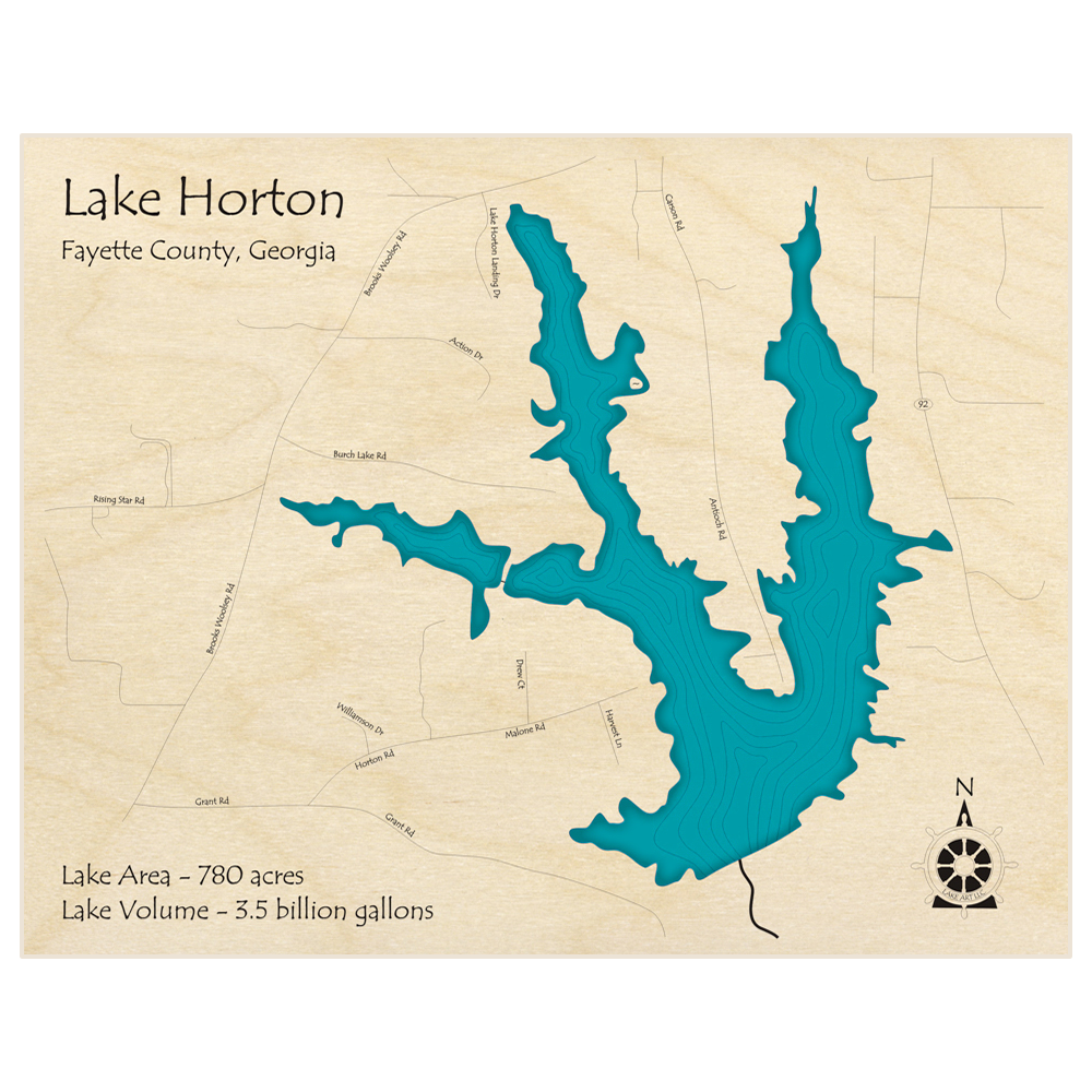 Bathymetric topo map of Lake Horton  with roads, towns and depths noted in blue water