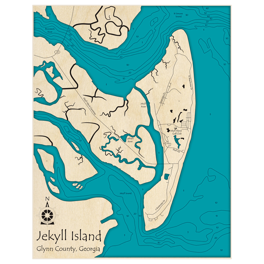 Bathymetric topo map of Jekyll Island with roads, towns and depths noted in blue water