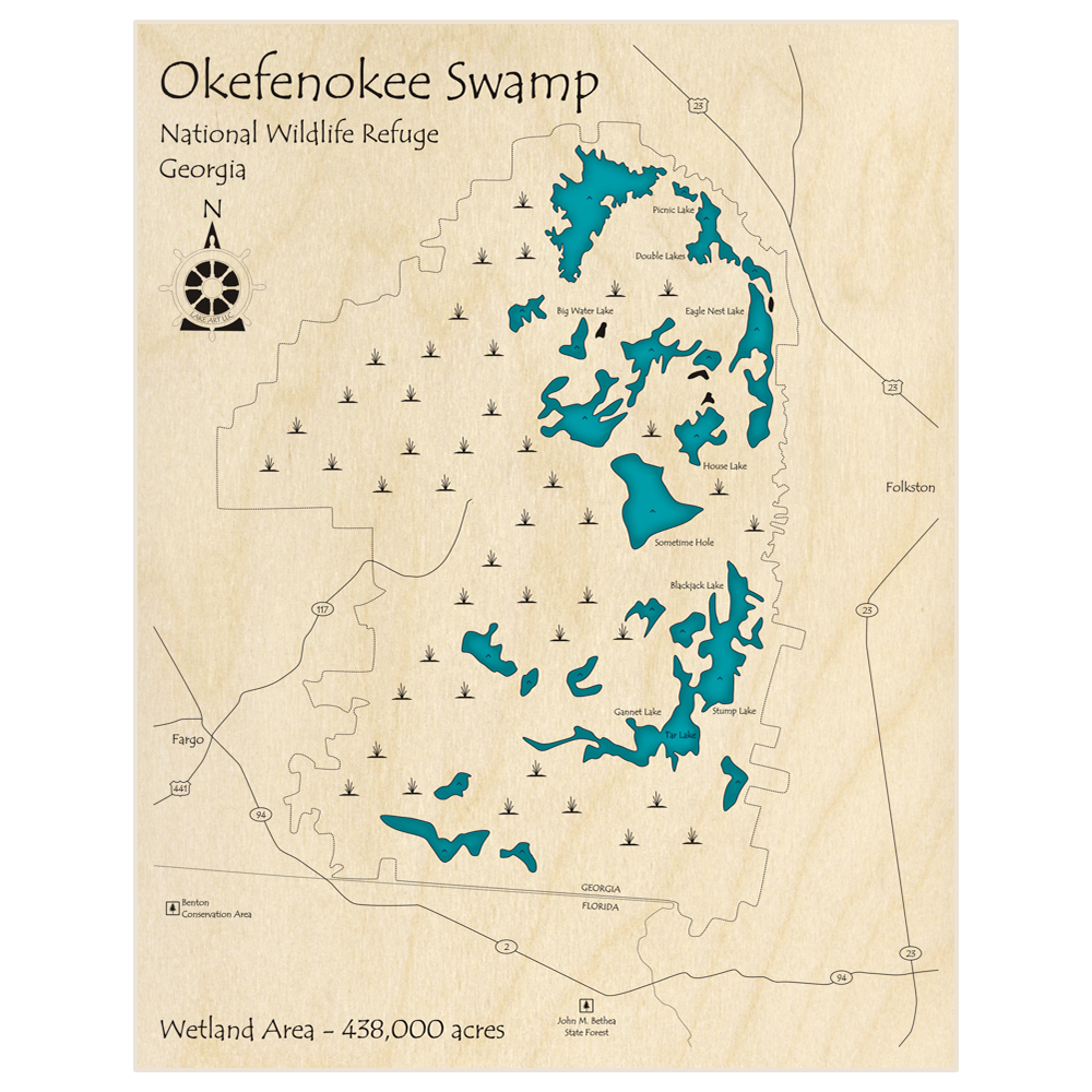 Bathymetric topo map of Okefenokee Swamp (SINGLE LEVEL ONLY) with roads, towns and depths noted in blue water