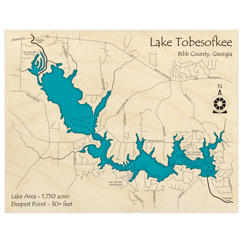 Bathymetric topo map of Lake Tobesofkee with roads, towns and depths noted in blue water