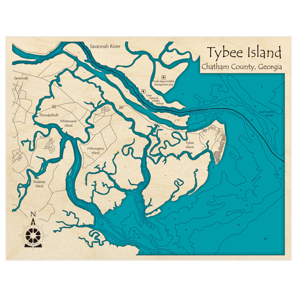 Bathymetric topo map of Tybee Island Region with roads, towns and depths noted in blue water