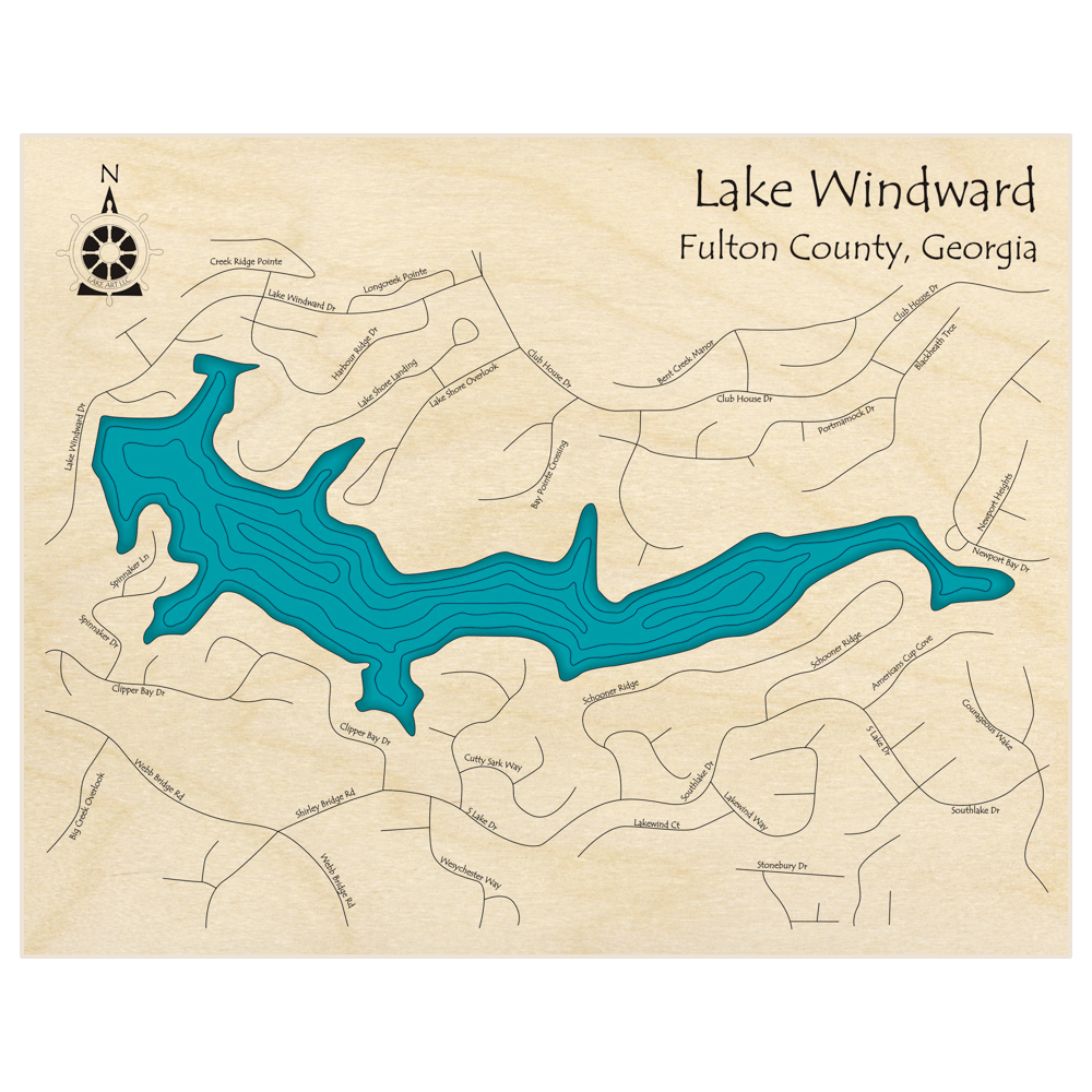 Bathymetric topo map of Lake Windward  with roads, towns and depths noted in blue water