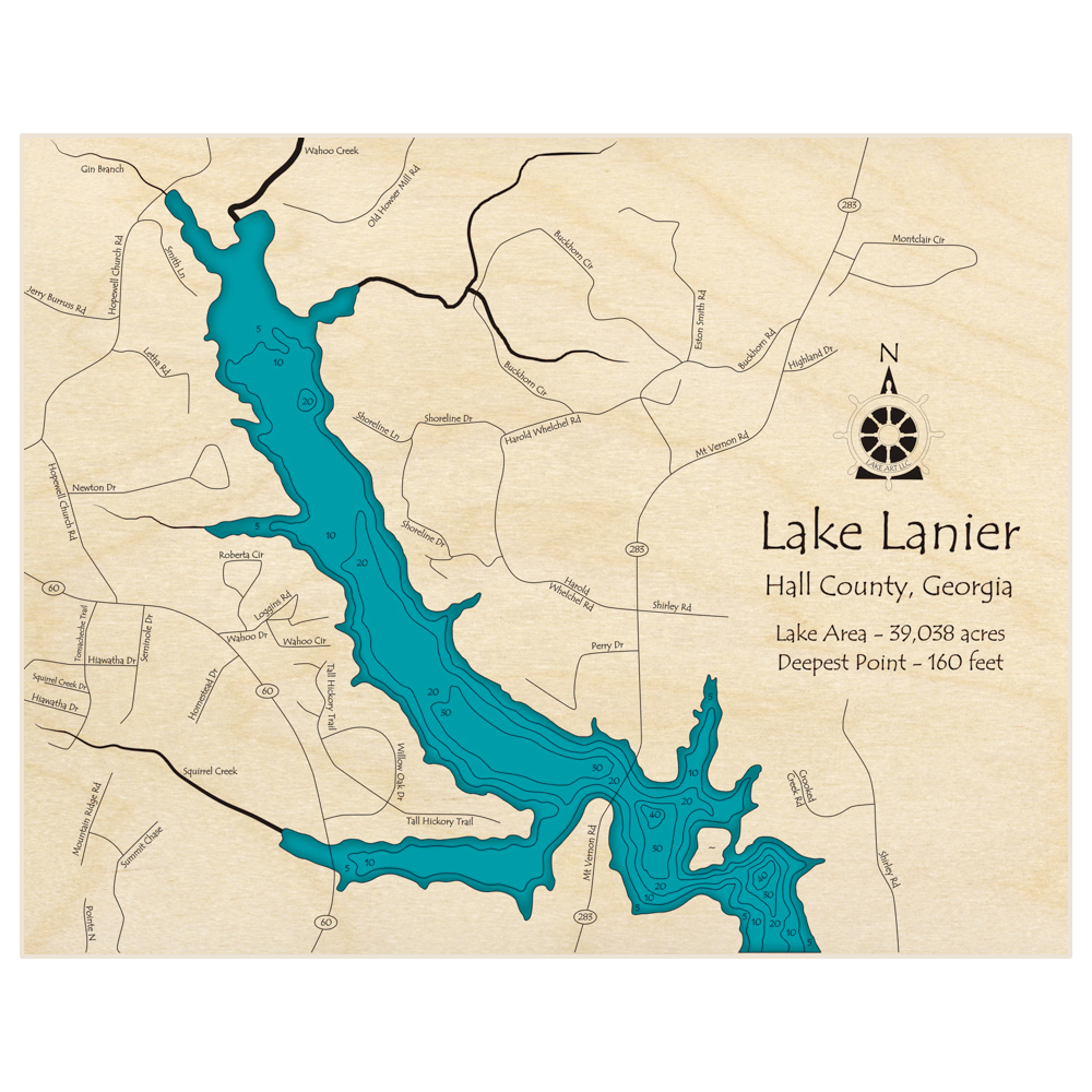 Bathymetric topo map of Lake Lanier (From HWY 283 Bridge to Wahoo Creek) with roads, towns and depths noted in blue water