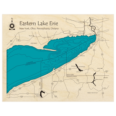 Bathymetric topo map of Lake Erie (Eastern Section Mentor to Buffalo) with roads, towns and depths noted in blue water