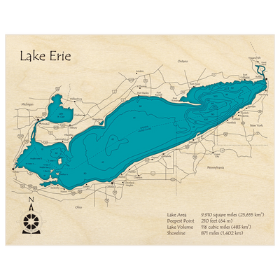 Bathymetric topo map of Lake Erie with roads, towns and depths noted in blue water