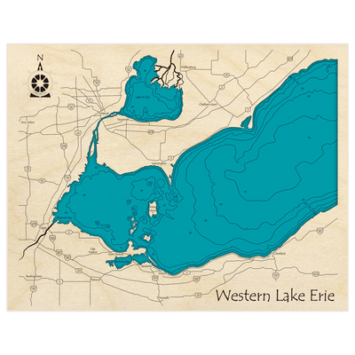 Bathymetric topo map of Lake Erie (Western Basin) with roads, towns and depths noted in blue water