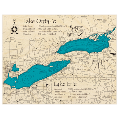 Bathymetric topo map of Lake Erie with Lake Ontario with roads, towns and depths noted in blue water