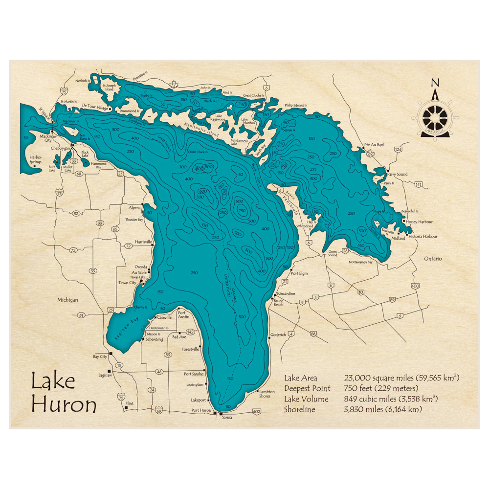 Bathymetric topo map of Lake Huron with roads, towns and depths noted in blue water