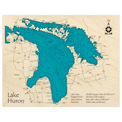 Bathymetric topo map of Lake Huron with roads, towns and depths noted in blue water