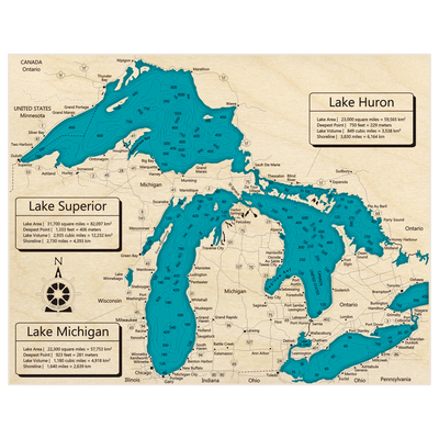 Bathymetric topo map of Lake Superior (w Lake Michigan and Lake Huron) with roads, towns and depths noted in blue water