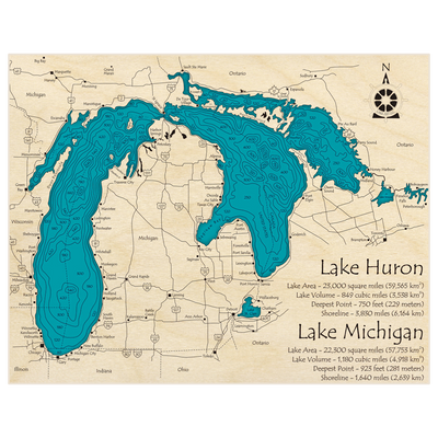 Bathymetric topo map of Lake Michigan and Lake Huron with roads, towns and depths noted in blue water