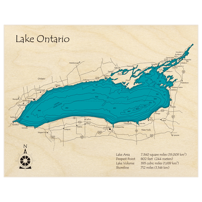 Bathymetric topo map of Lake Ontario with roads, towns and depths noted in blue water