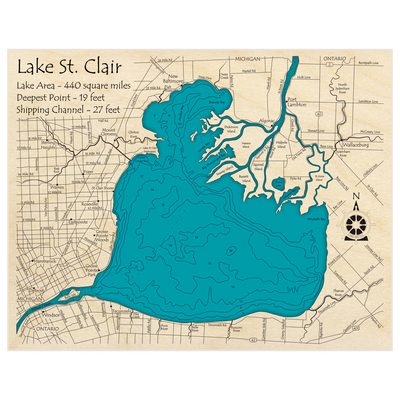 Bathymetric topo map of Lake St Clair with roads, towns and depths noted in blue water