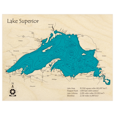 Bathymetric topo map of Lake Superior with roads, towns and depths noted in blue water