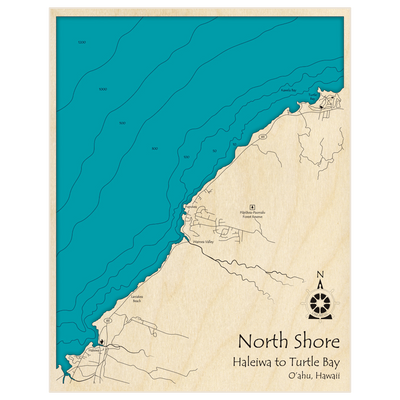 Bathymetric topo map of Haleiwa to Turtle Bay with roads, towns and depths noted in blue water