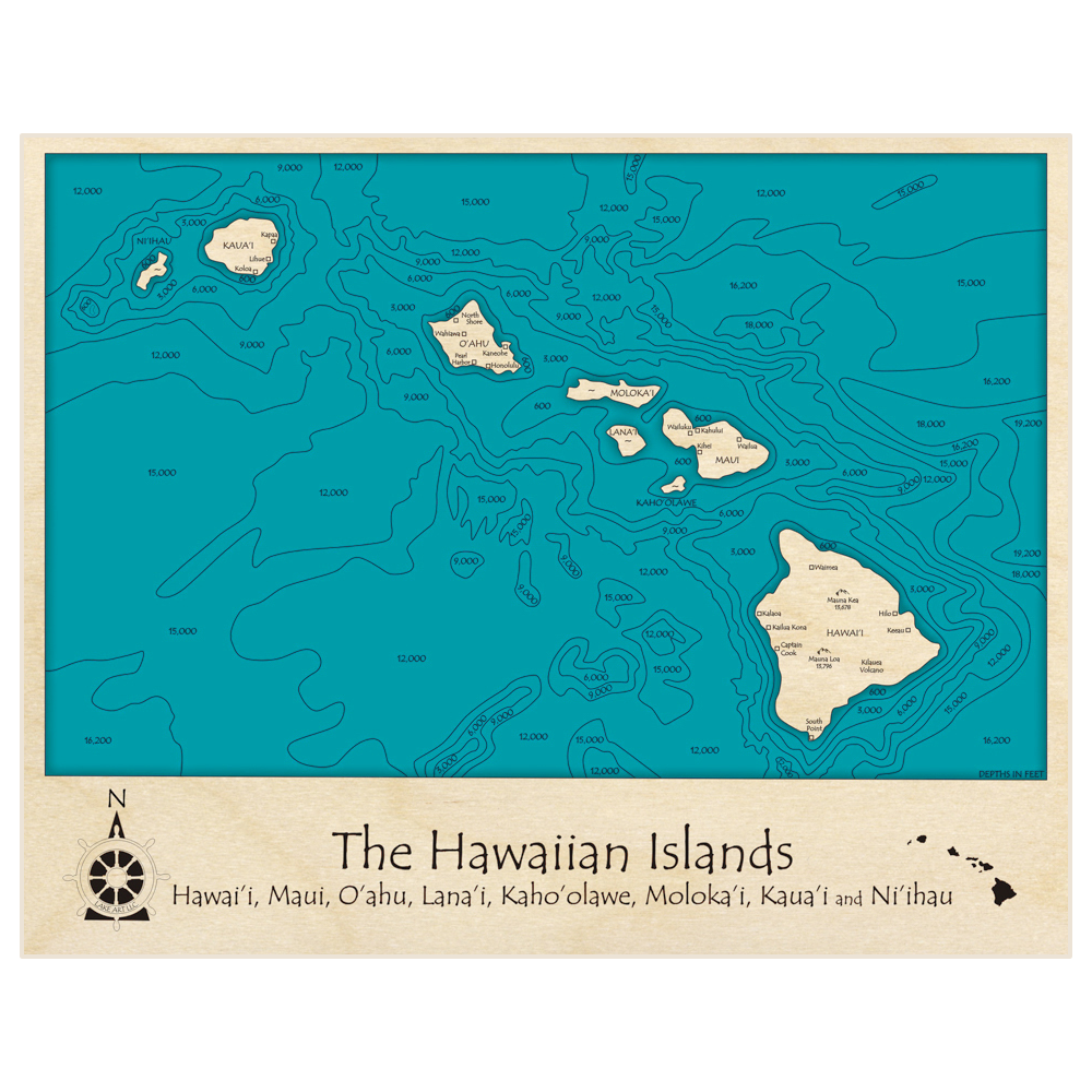 Bathymetric topo map of The Hawaiian Islands with roads, towns and depths noted in blue water