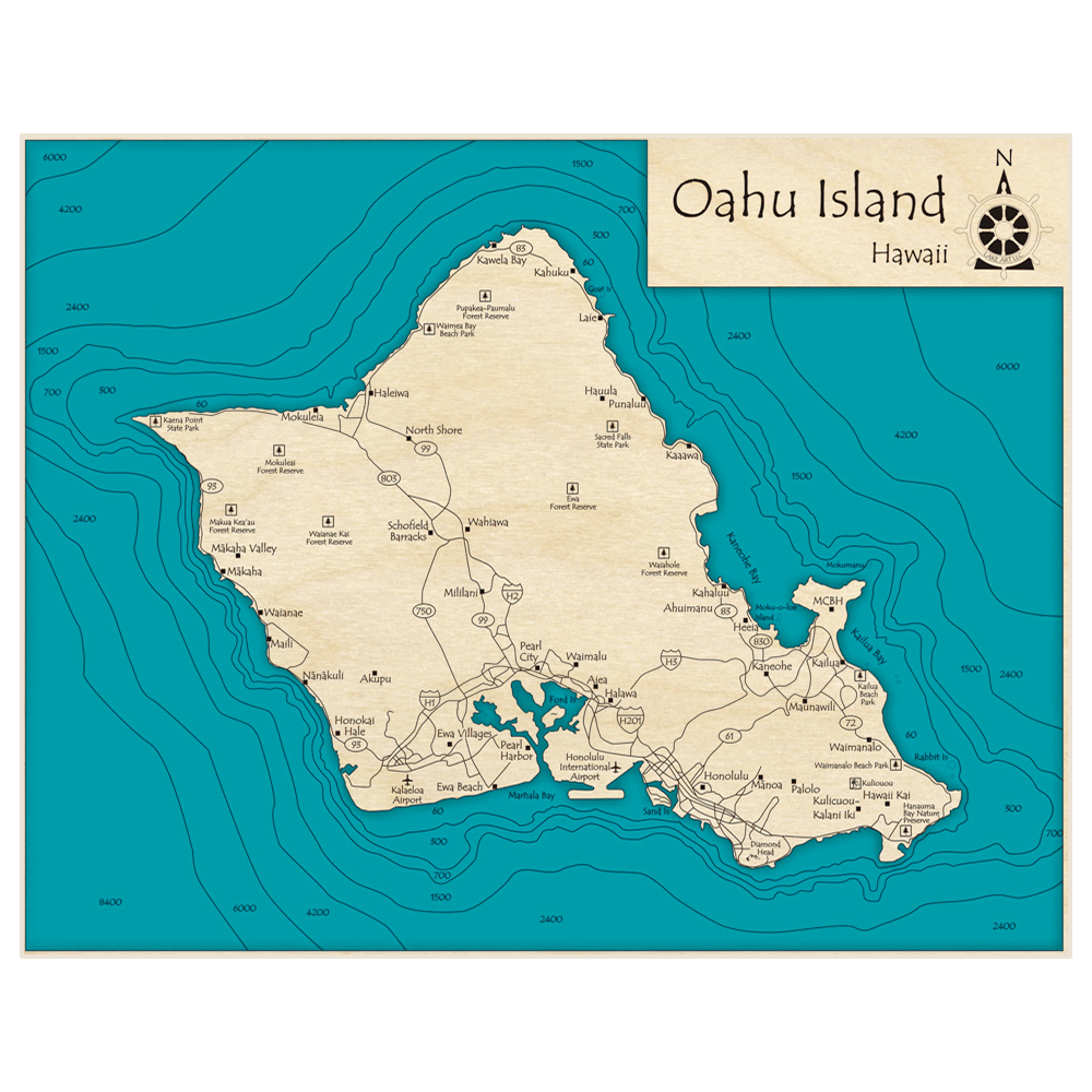 Bathymetric topo map of Oahu Island with roads, towns and depths noted in blue water