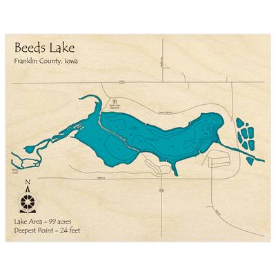 Bathymetric topo map of Beeds Lake with roads, towns and depths noted in blue water