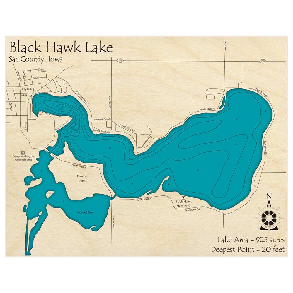 Bathymetric topo map of Black Hawk Lake with roads, towns and depths noted in blue water