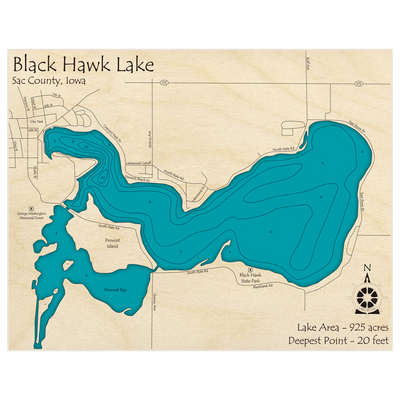 Bathymetric topo map of Black Hawk Lake with roads, towns and depths noted in blue water