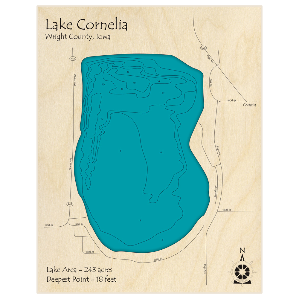 Bathymetric topo map of Lake Cornelia with roads, towns and depths noted in blue water