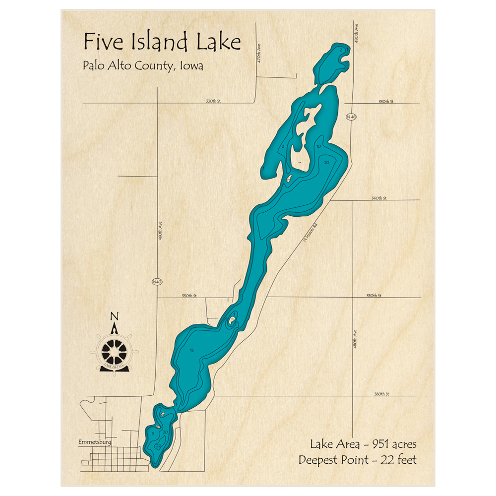 Bathymetric topo map of Five Island Lake with roads, towns and depths noted in blue water