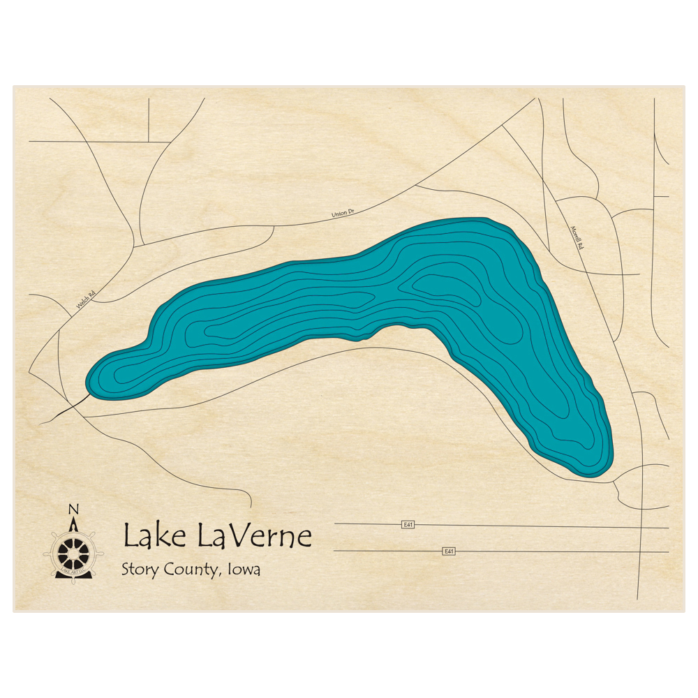 Bathymetric topo map of Lake LaVerne  with roads, towns and depths noted in blue water