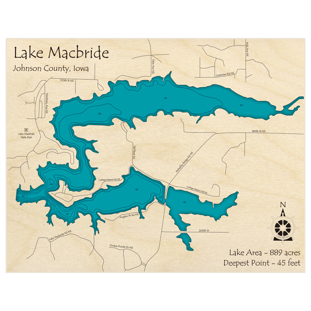 Bathymetric topo map of Lake MacBride with roads, towns and depths noted in blue water