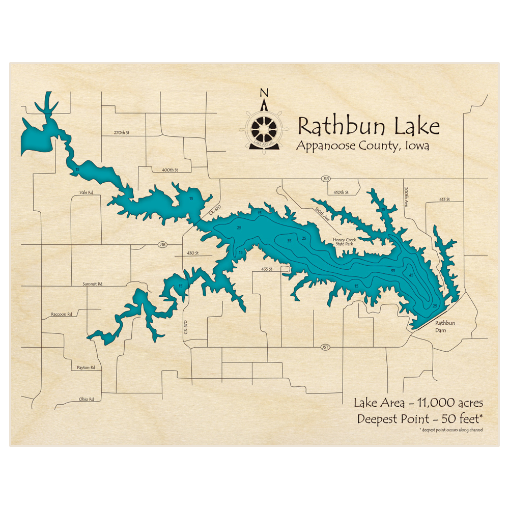 Bathymetric topo map of Rathbun Lake with roads, towns and depths noted in blue water