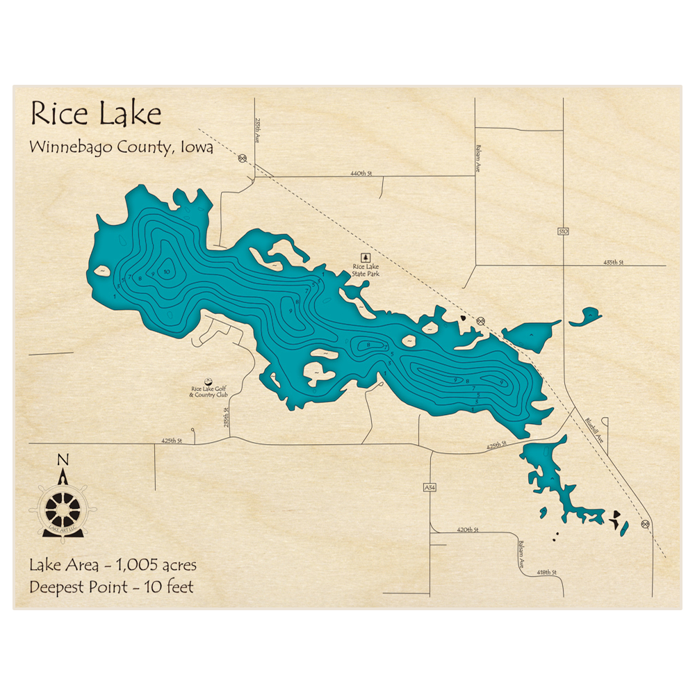 Bathymetric topo map of Rice Lake with roads, towns and depths noted in blue water