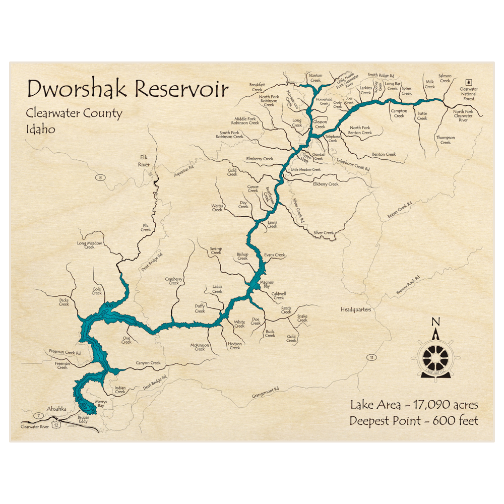 Bathymetric topo map of Dworshak Reservoir with roads, towns and depths noted in blue water