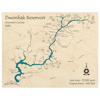 Bathymetric topo map of Dworshak Reservoir with roads, towns and depths noted in blue water