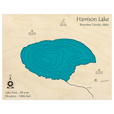 Bathymetric topo map of Harrison Lake with roads, towns and depths noted in blue water