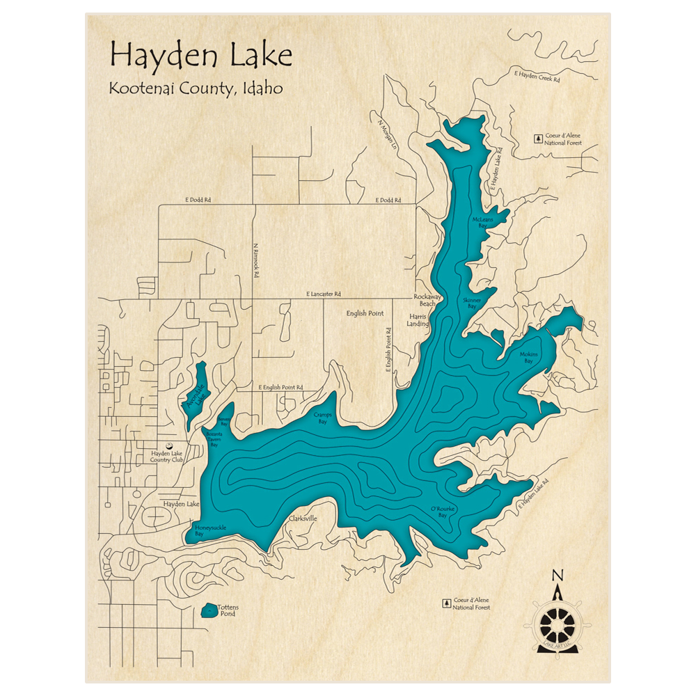 Bathymetric topo map of Hayden Lake  with roads, towns and depths noted in blue water