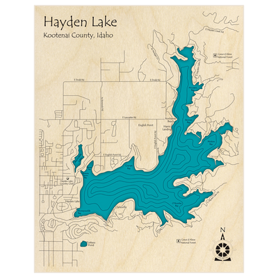 Bathymetric topo map of Hayden Lake  with roads, towns and depths noted in blue water