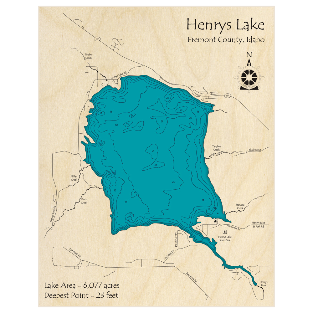 Bathymetric topo map of Henrys Lake with roads, towns and depths noted in blue water