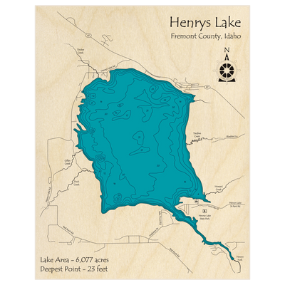 Bathymetric topo map of Henrys Lake with roads, towns and depths noted in blue water