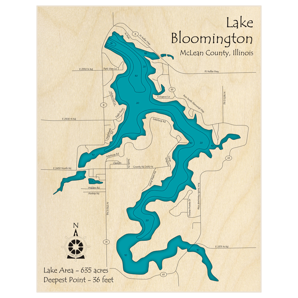 Bathymetric topo map of Lake Bloomington with roads, towns and depths noted in blue water